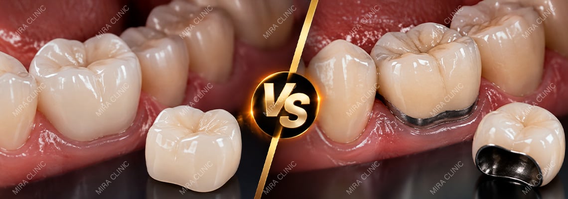 تيجان الزركونيا أم البورسلان المدمج بالمعدن للأسنان الخلفية: أيهما يتحمل المضغ أفضل؟